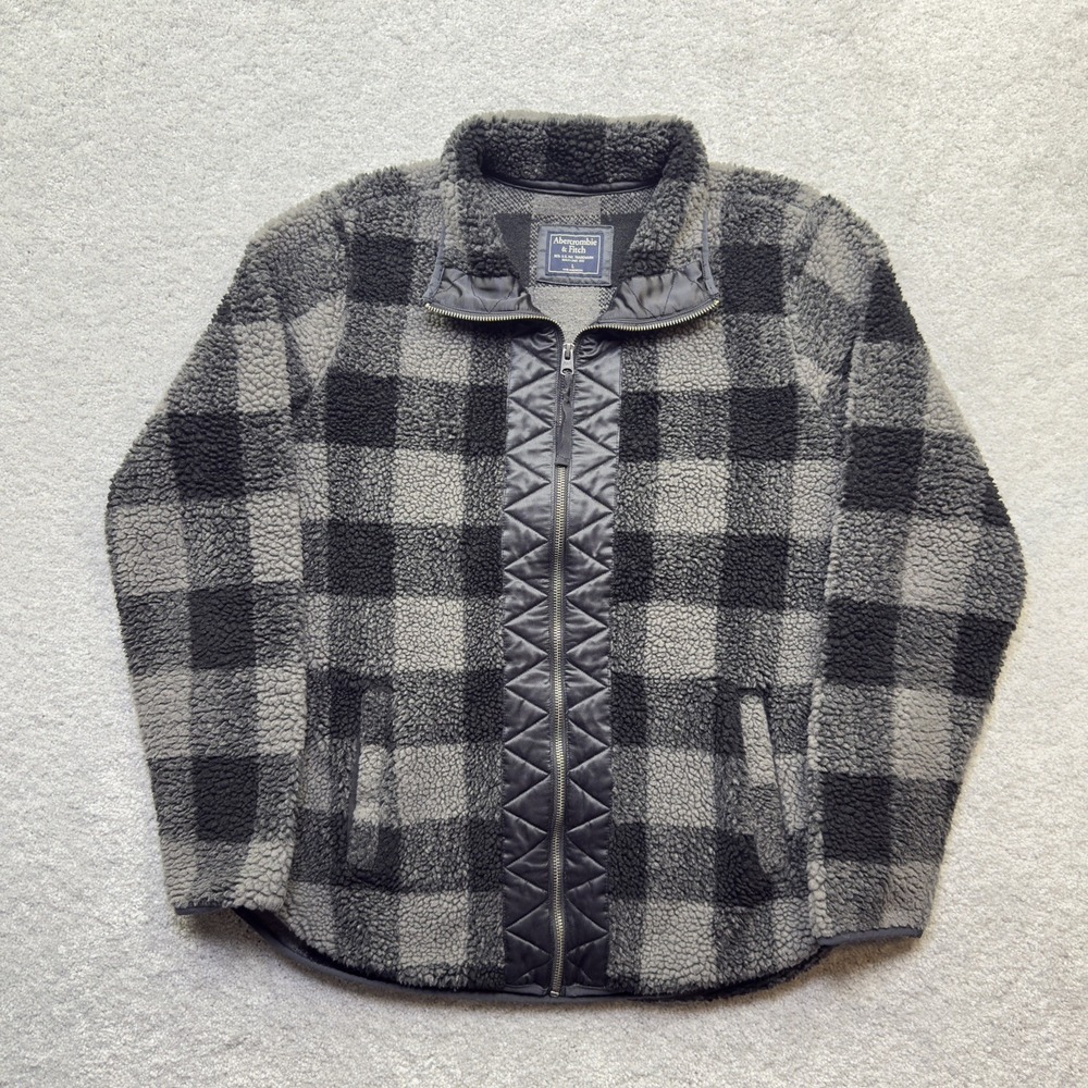 Abercrombie & Fitch Sherpa Fleece Jacket Gray Black Buffalo Plaid Zip Womens L
